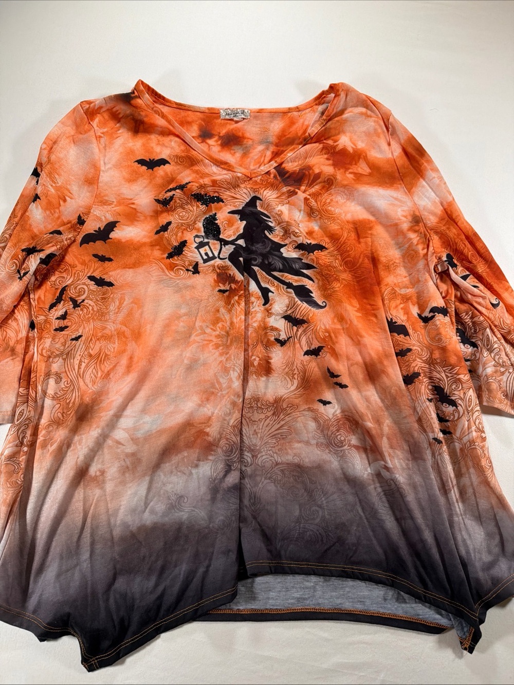 Women’s Orange Halloween Witch Print V-Neck Top 3XL